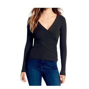 ASTR Black Ribbed Wrap Long Sleeve Top, M